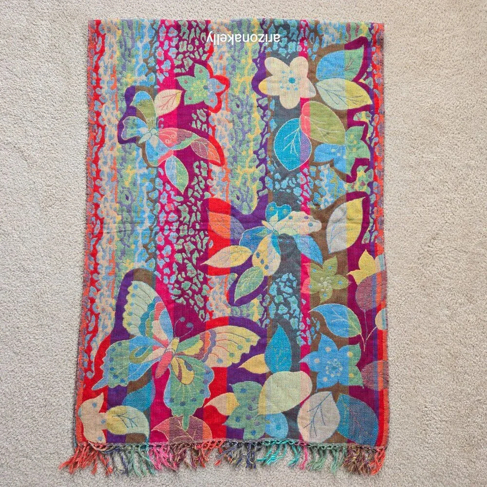 NWOT 100% Wool Woven Scarf Butterfly Flowers Colorful Vibrant